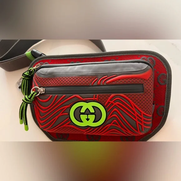 Gucci Red and Gray Crossbody Bag with Neon Green Accents - Picture 5 of 15